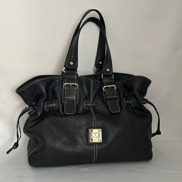 Dooney & Bourke Handbags - Dooney & Bourke Pebbled Leather Drawstring Tote Satchel Black Contrast Stitch